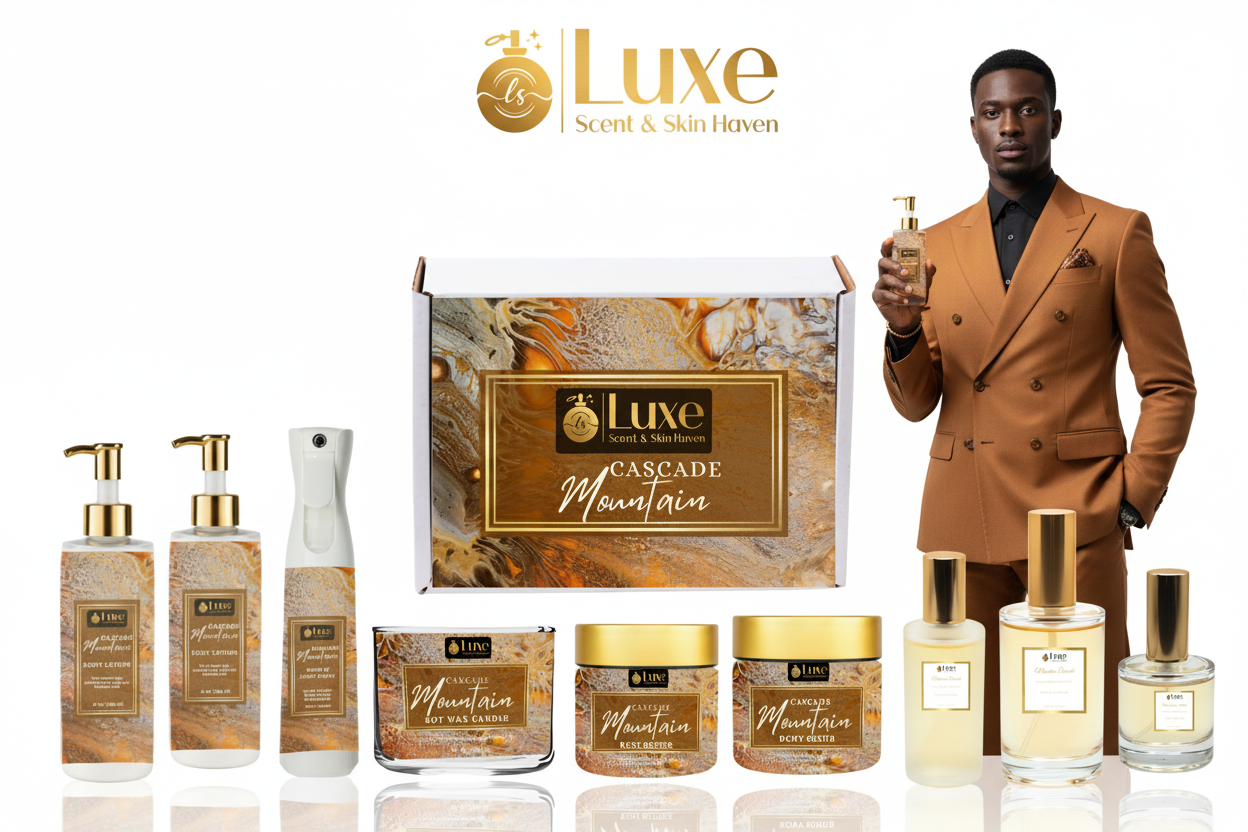 Cascade Mountain — 9-Piece Lineup, Black Male Model Amber Brown Gold Suit Right Holding Parfum