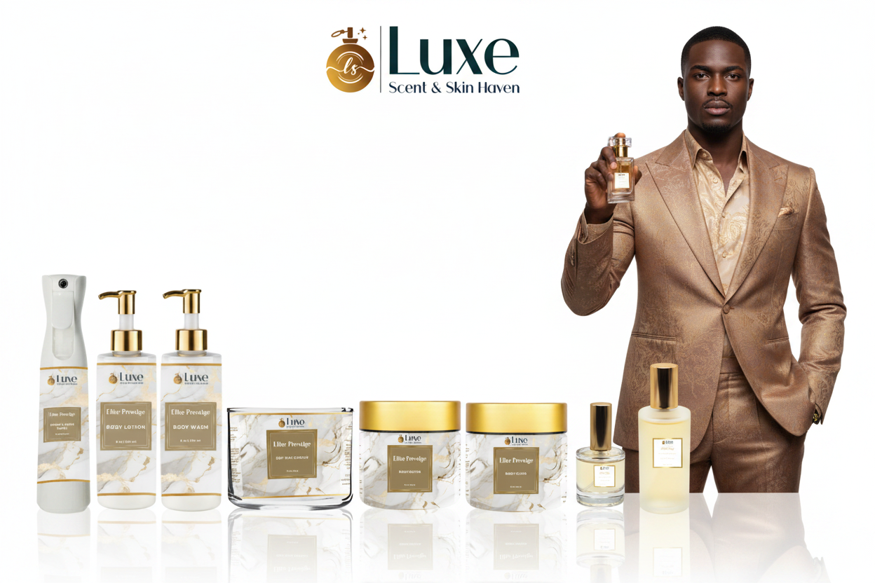 Elite Prestige — 8-Piece Lineup, Black Male Model Taupe Gold Suit Right