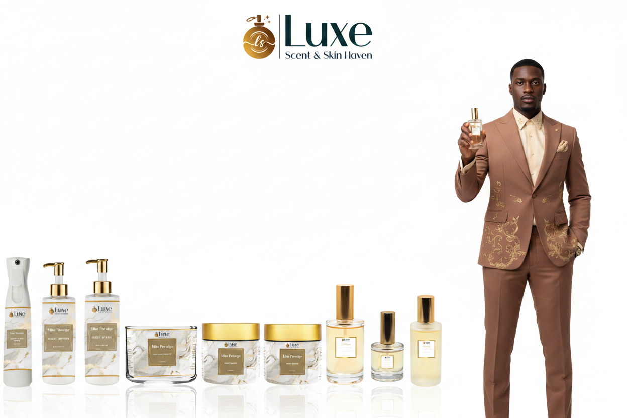 Elite Prestige — 9-Piece Lineup, Black Male Model Taupe Gold Suit Right