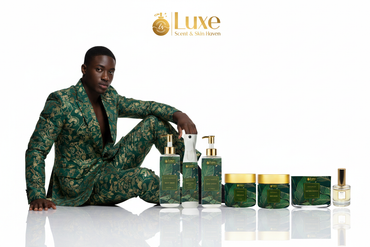 Untamed — 7-Piece Lineup, Black Male Model Forest Green Gold Suit Seated Left — Redo