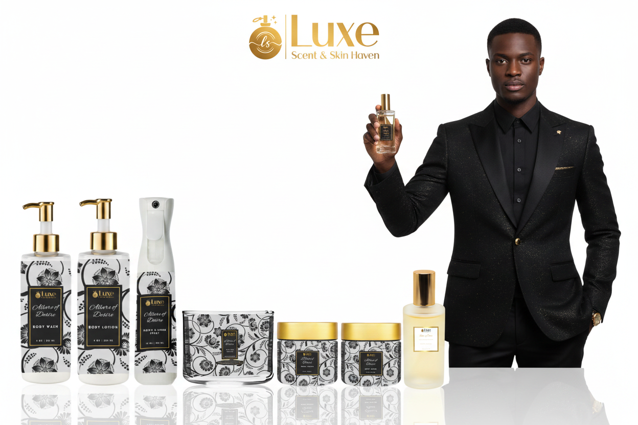 Allure of Desire — 7-Piece Lineup, Black Male Model Black White Gold Suit Right