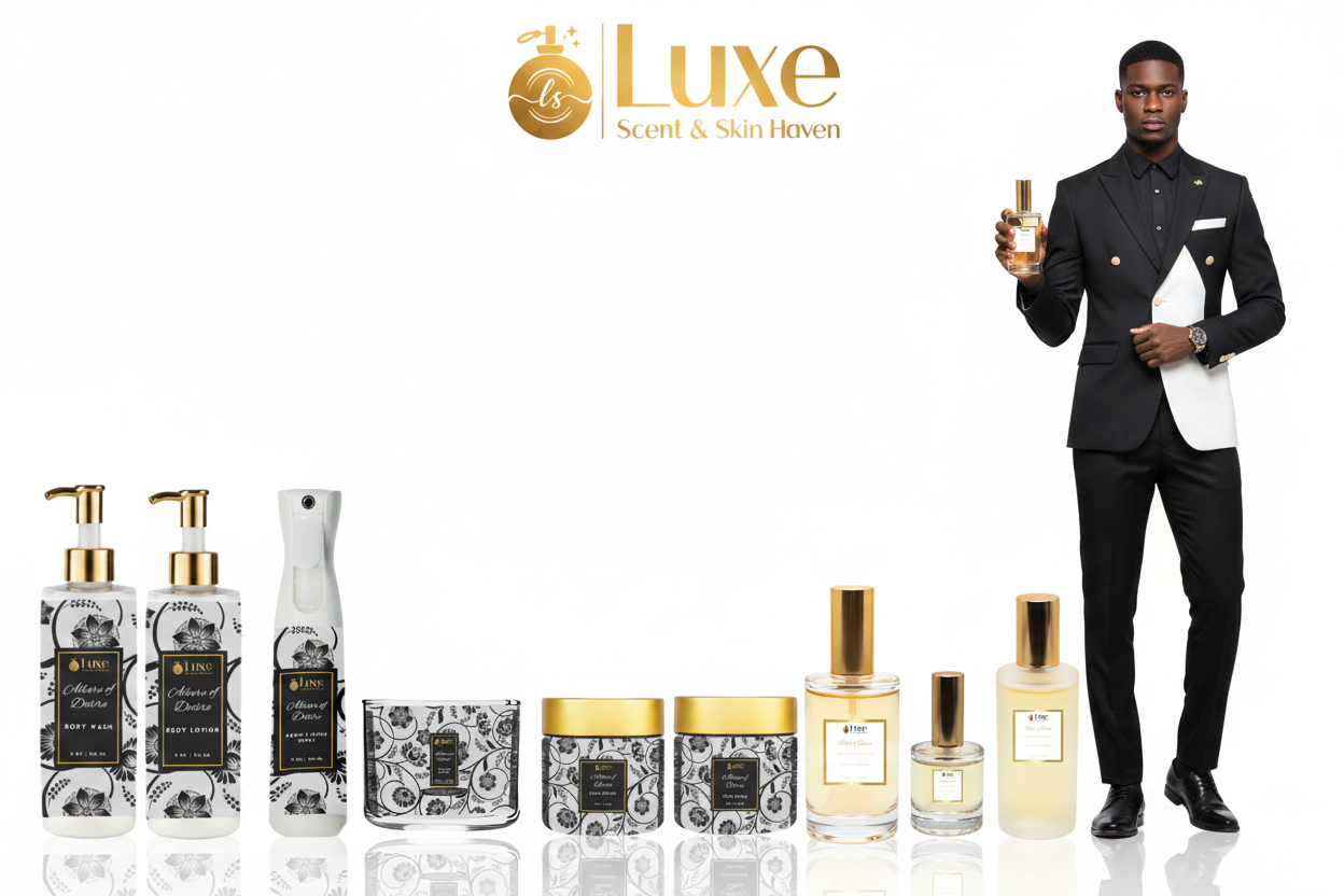 Allure of Desire — 8-Piece Lineup, Black Male Model Black White Gold Suit Right