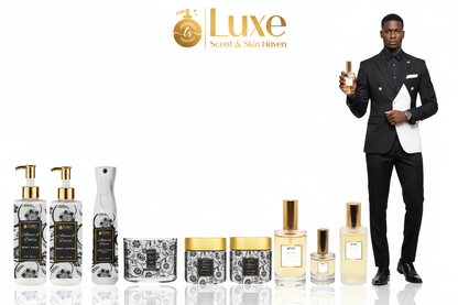 Allure of Desire — 8-Piece Lineup, Black Male Model Black White Gold Suit Right