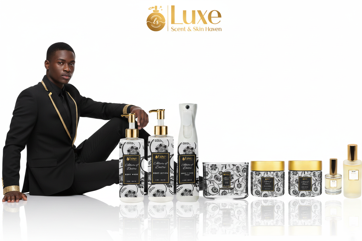 Allure of Desire — 8-Piece Lineup, Black Male Model Black White Gold Suit Seated Left