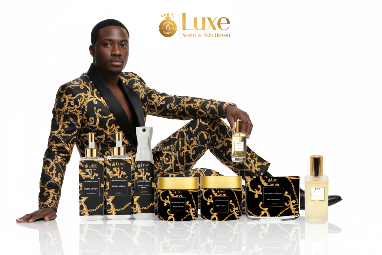 Archimedes Essence — 7-Piece Lineup, Black Male Model Black Gold Baroque Suit Seated Left