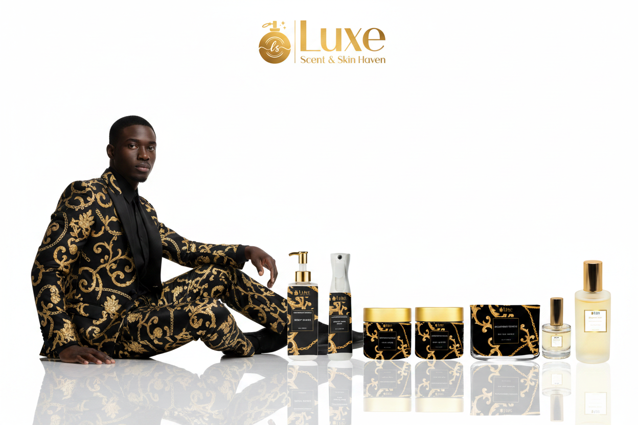Archimedes Essence — 8-Piece Lineup, Black Male Model Black Gold Baroque Suit Seated Left