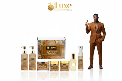 Cascade Mountain — 7-Piece Lineup, Black Male Model Amber Brown Gold Suit Right Holding Parfum