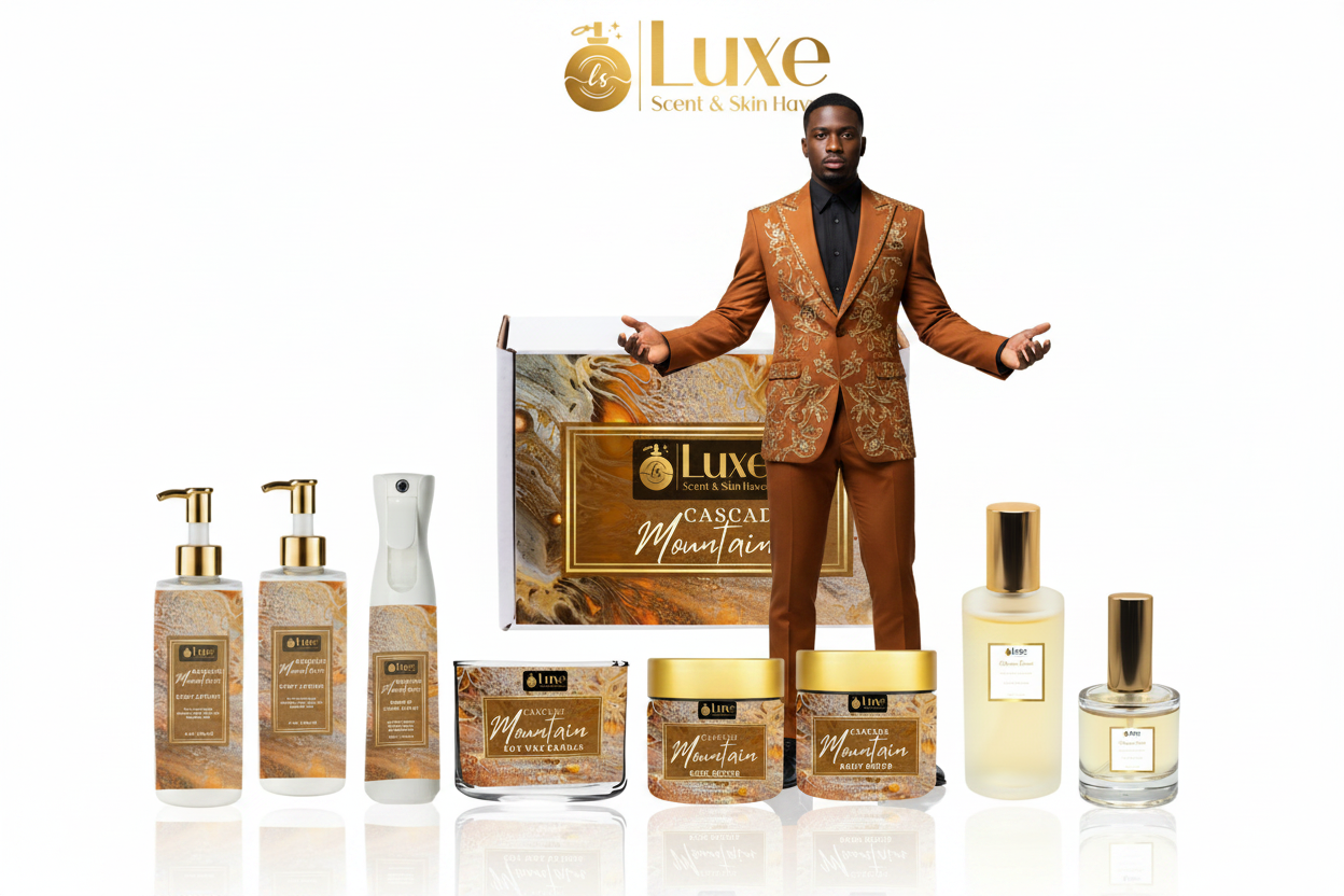 Cascade Mountain — 8-Piece Lineup, Black Male Model Amber Brown Gold Suit Centered Arms Open