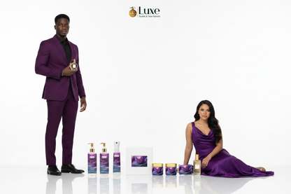 Charmes De Alure — 7-Piece, Black Male LEFT Standing + Latina Female RIGHT Seated, Pure White Background
