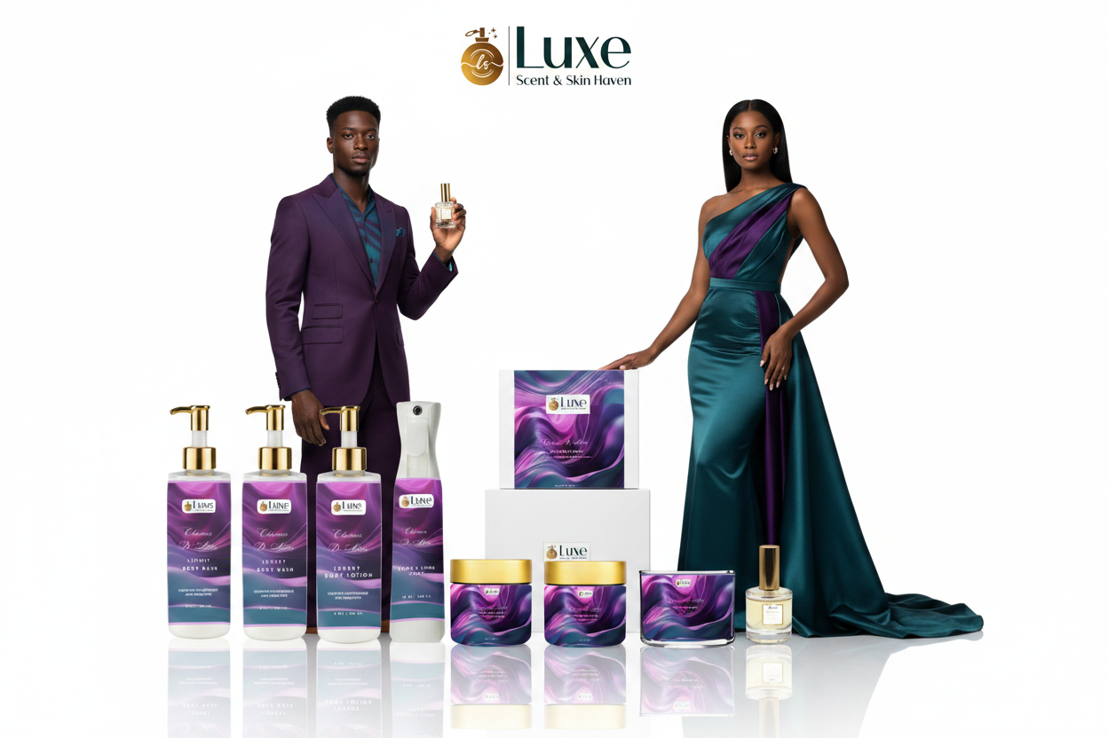 Charmes De Alure — 7-Piece Straight Line, Black Male + Female Models Purple Teal, Pure White Background