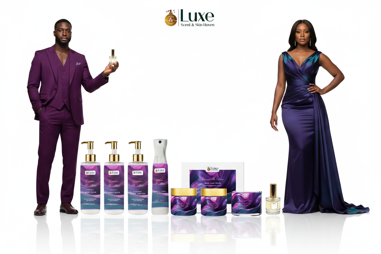 Charmes De Alure — 7-Piece Straight Line, Black Male LEFT + Female RIGHT, Pure White Background