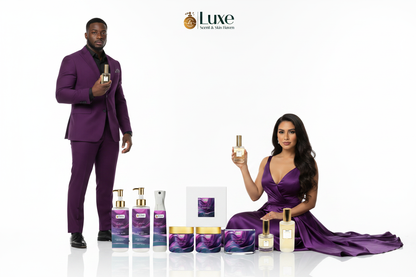 Charmes De Alure — Black Male LEFT Standing + Latina Female RIGHT Seated Holding Parfum, Pure White Background