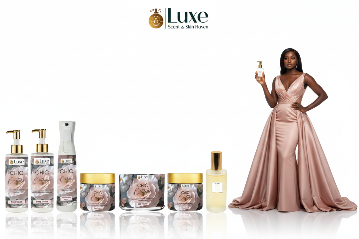 Chic Couture — 7-Piece Lineup, Black Female Model Blush Pink Gold Gown Right