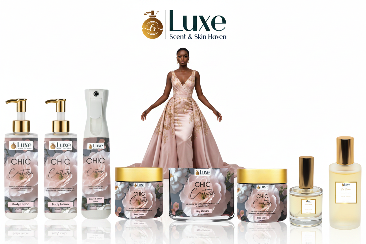Chic Couture — 8-Piece Lineup, Black Female Model Blush Pink Gold Gown Centered Arms Open