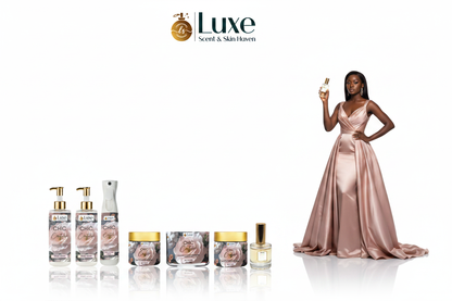 Chic Couture — 8-Piece Lineup, Black Female Model Blush Pink Gold Gown Right