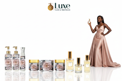 Chic Couture — 9-Piece Lineup, Black Female Model Blush Pink Gold Gown Right