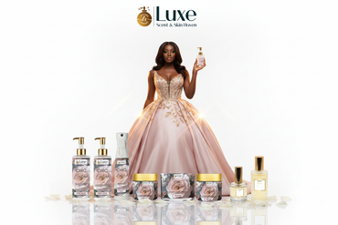Chic Couture — Luxury Commercial Ad, Black Female Model Blush Pink Gold Gown Centered