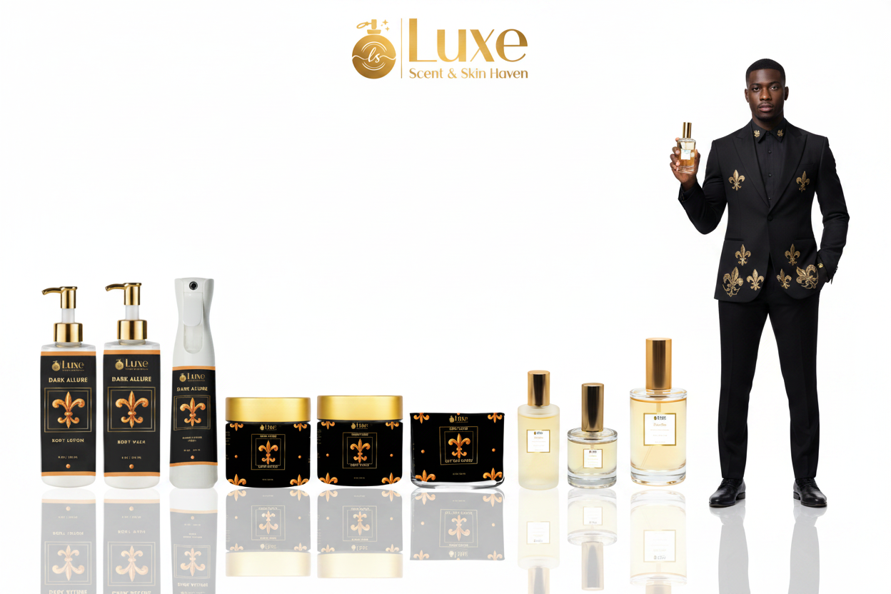 Dark Allure — 9-Piece Lineup, Black Male Model Black Gold Fleur-de-lis Suit Right