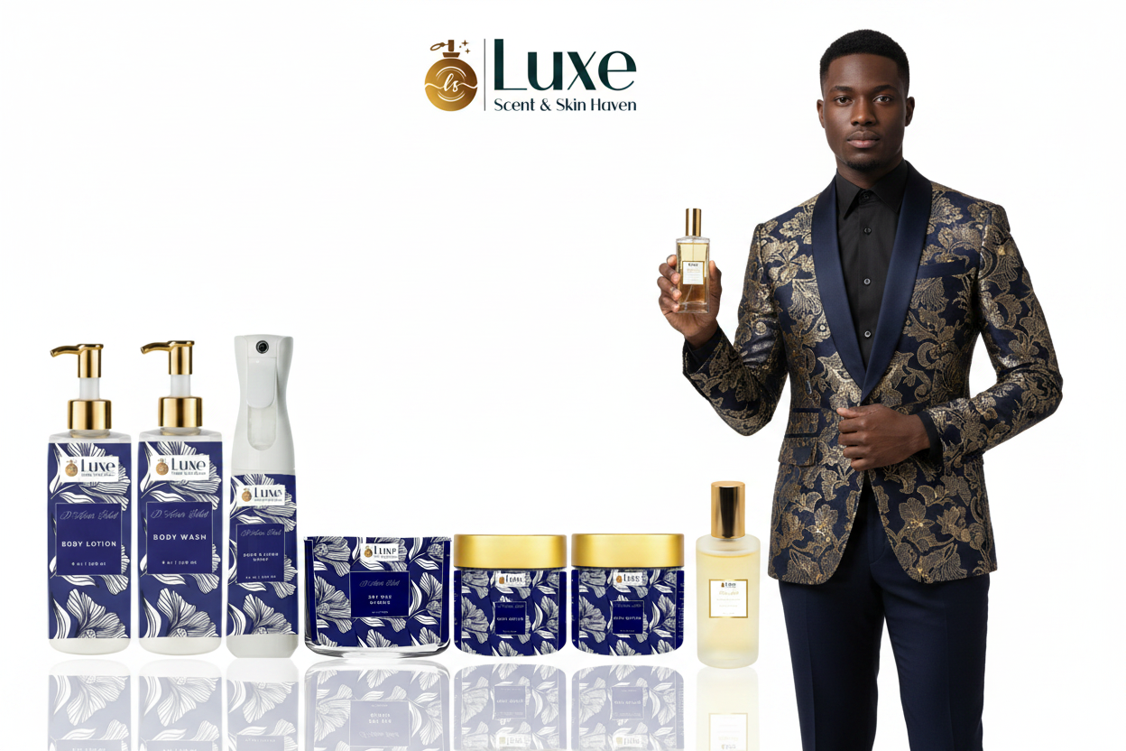 D'Azure Éclat — 7-Piece Lineup, Black Male Model Navy Blue Gold Suit Right