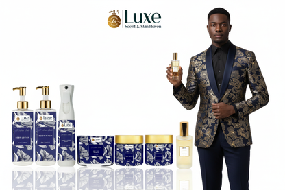 D'Azure Éclat — 7-Piece Lineup, Black Male Model Navy Blue Gold Suit Right
