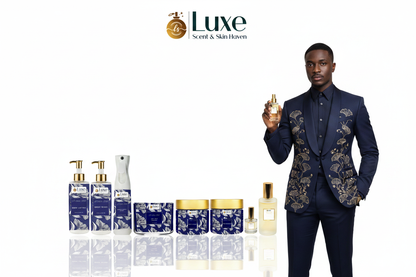 D'Azure Éclat — 8-Piece Lineup, Black Male Model Navy Blue Gold Suit Right