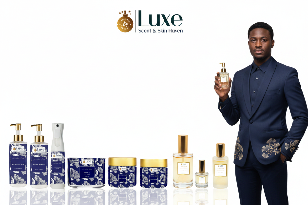 D'Azure Éclat — 9-Piece Lineup, Black Male Model Navy Blue Gold Suit Right