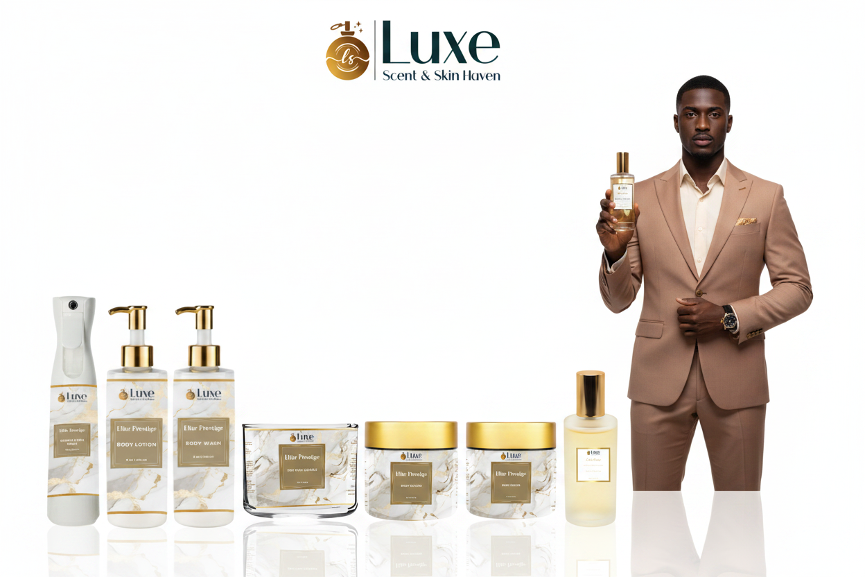 Elite Prestige — 7-Piece Lineup, Black Male Model Taupe Gold Suit Right