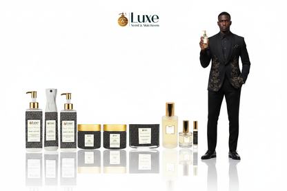 Exquisite Distinction — 8-Piece Lineup, Black Male Model Charcoal Black Gold Suit Right
