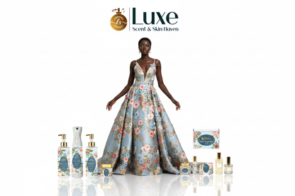 Floral Daydream — 8-Piece Lineup, Black Female Model Sky Blue Gold Floral Gown Centered Arms Open