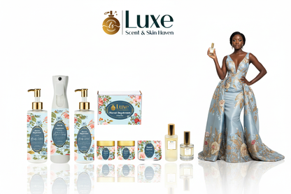 Floral Daydream — 8-Piece Lineup, Black Female Model Sky Blue Gold Floral Gown Right