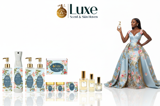 Floral Daydream — 9-Piece Lineup, Black Female Model Sky Blue Gold Floral Gown Right