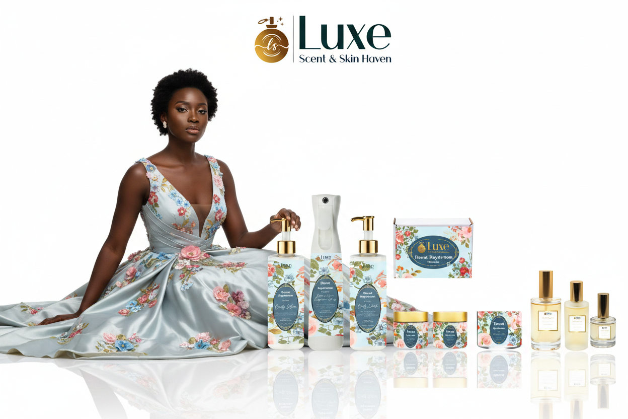 Floral Daydream — 9-Piece Lineup, Black Female Model Sky Blue Gold Floral Gown Seated Left