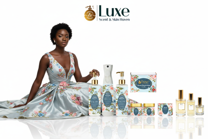 Floral Daydream — 9-Piece Lineup, Black Female Model Sky Blue Gold Floral Gown Seated Left