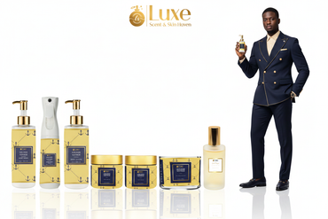 Golden Voyage — 7-Piece Lineup, Black Male Model Navy Blue Gold Suit Right