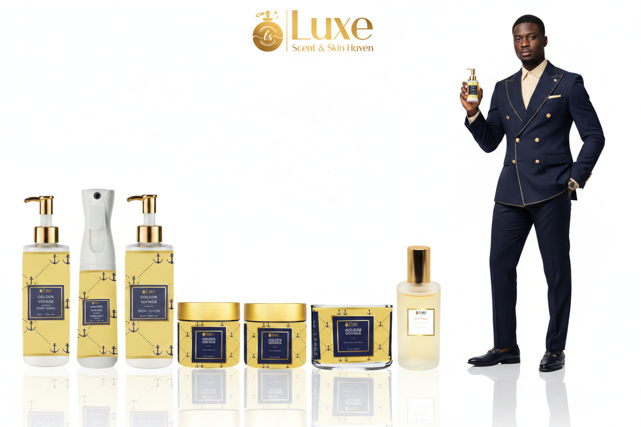 Golden Voyage — 7-Piece Lineup, Black Male Model Navy Blue Gold Suit Right