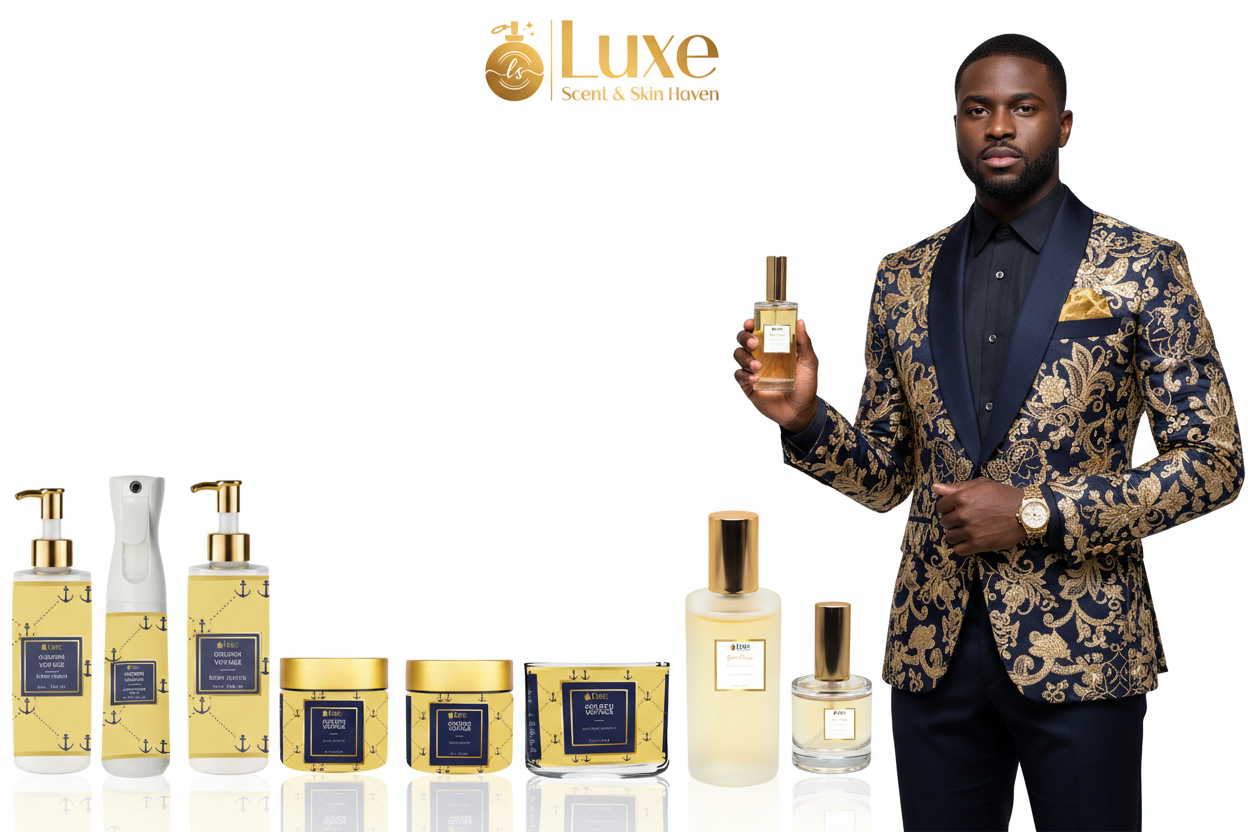 Golden Voyage — 8-Piece Lineup, Black Male Model Navy Blue Gold Suit Right