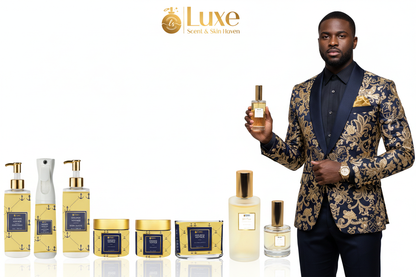 Golden Voyage — 8-Piece Lineup, Black Male Model Navy Blue Gold Suit Right