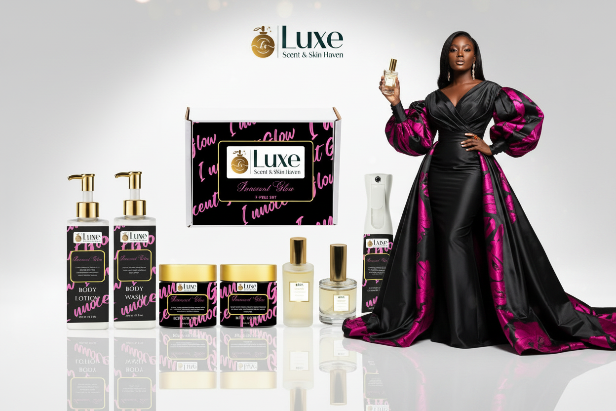 Innocent Glow — 8-Piece Lineup, Black Female Model Black Hot Pink Gown Right, White Background