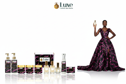 Innocent Glow — 9-Piece Lineup Beautifully Arranged, Black Female Model Black Hot Pink Gown Right