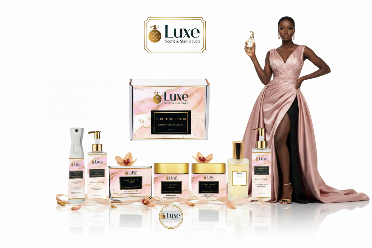 L'Orchidée Noir — 7-Piece Lineup, Black Female Model Blush Pink Black Gown Right