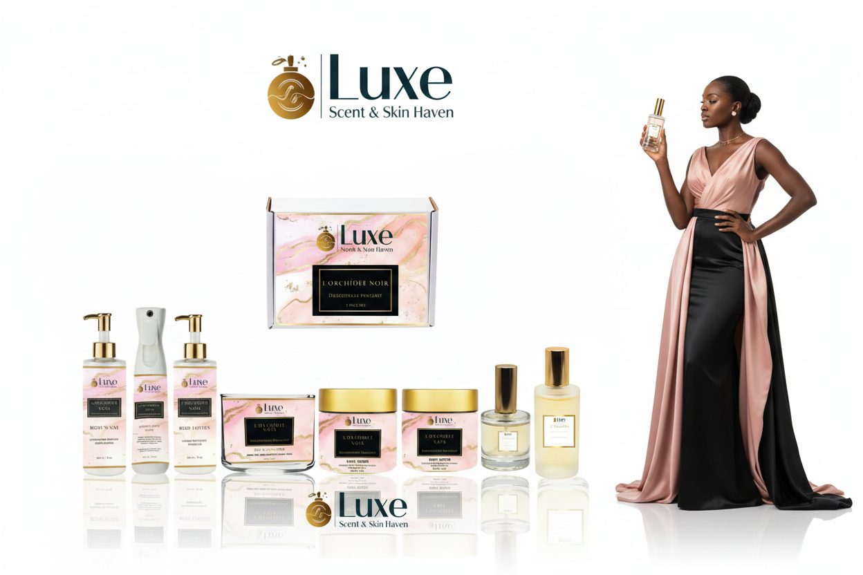 L'Orchidée Noir — 8-Piece Lineup, Black Female Model Blush Pink Black Gown Right