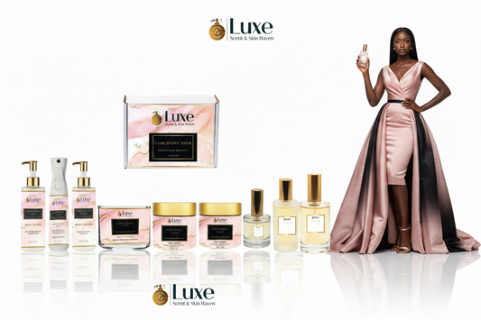 L'Orchidée Noir — 9-Piece Lineup, Black Female Model Blush Pink Black Gown Right