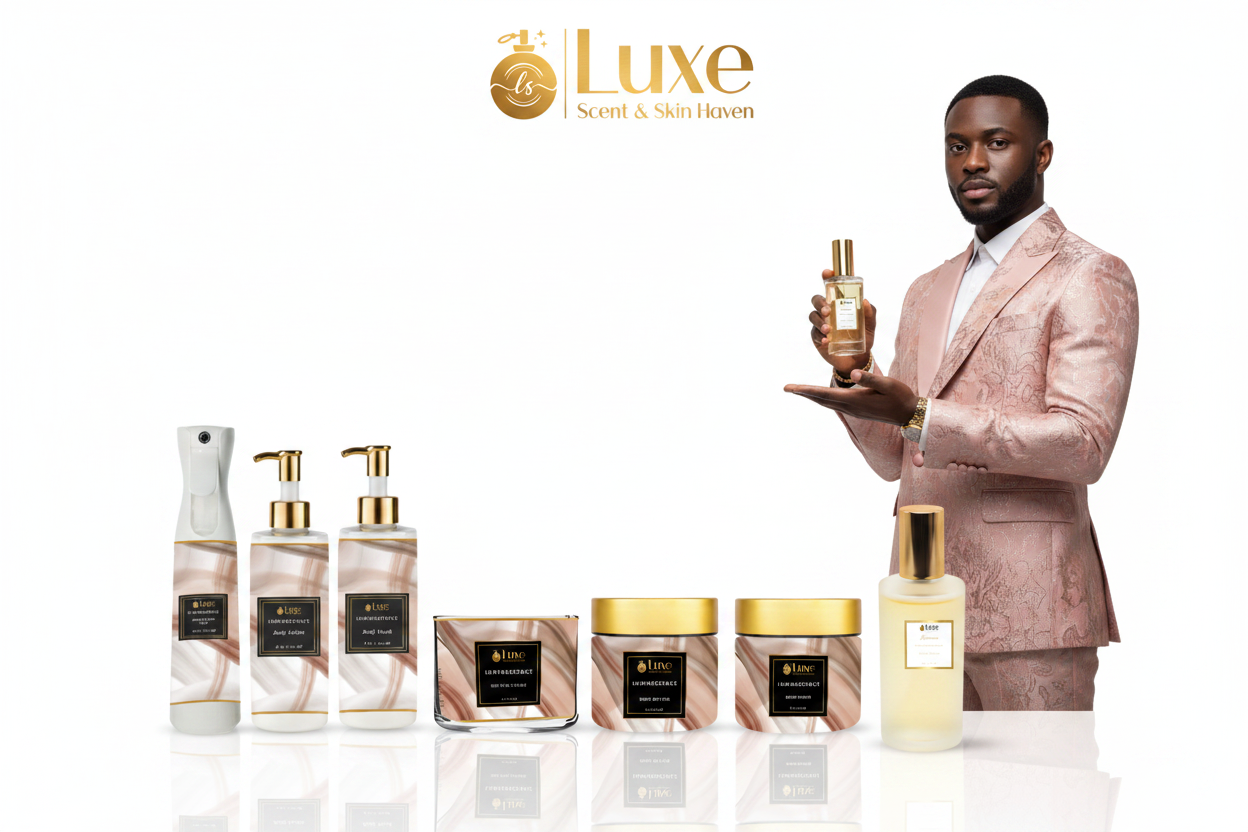 Luminescence — 7-Piece Lineup, Black Male Model Blush Pink Rose Gold Suit Right