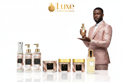 Luminescence — 7-Piece Lineup, Black Male Model Blush Pink Rose Gold Suit Right