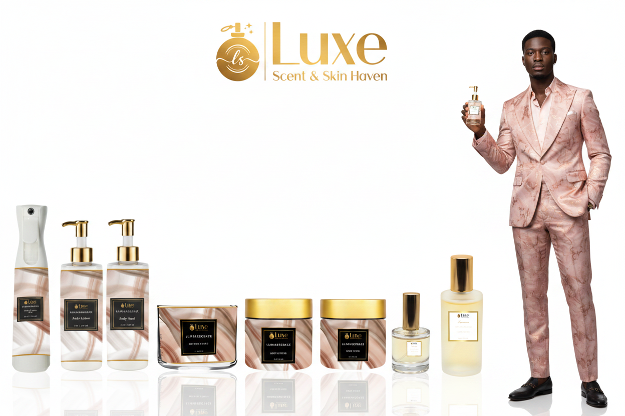 Luminescence — 8-Piece Lineup, Black Male Model Blush Pink Rose Gold Suit Right