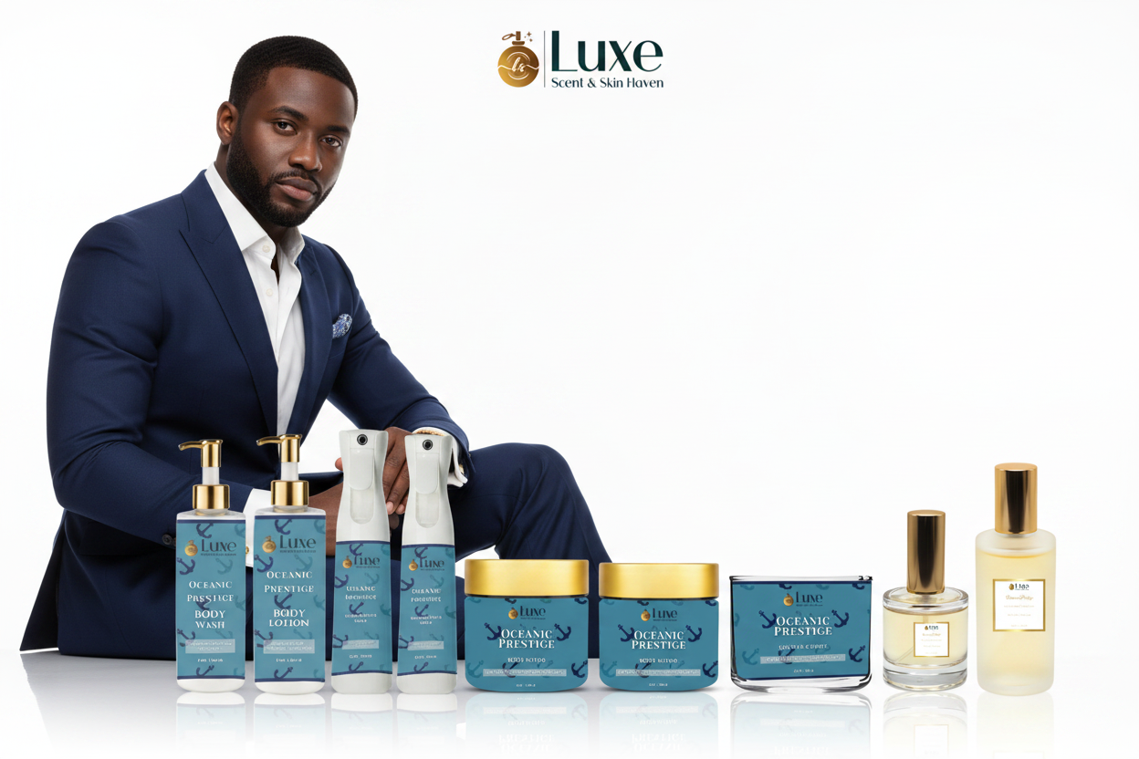 Oceanic Prestige — 8-Piece Lineup, Black Male Model Seated Left