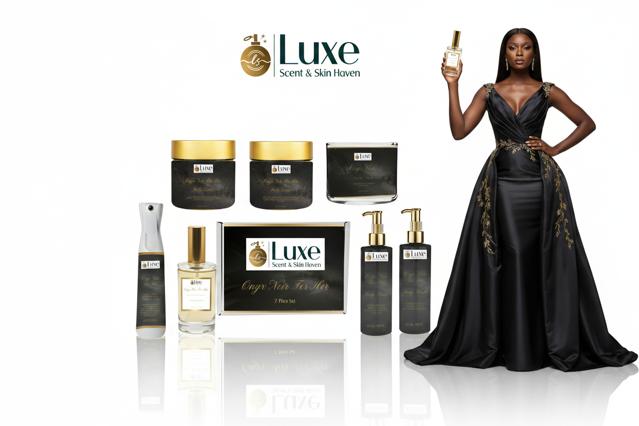Onyx Noir For Her — 7-Piece Lineup Beautifully Arranged, Black Female Model Charcoal Gold Gown Right