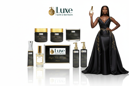 Onyx Noir For Her — 7-Piece Lineup Beautifully Arranged, Black Female Model Charcoal Gold Gown Right