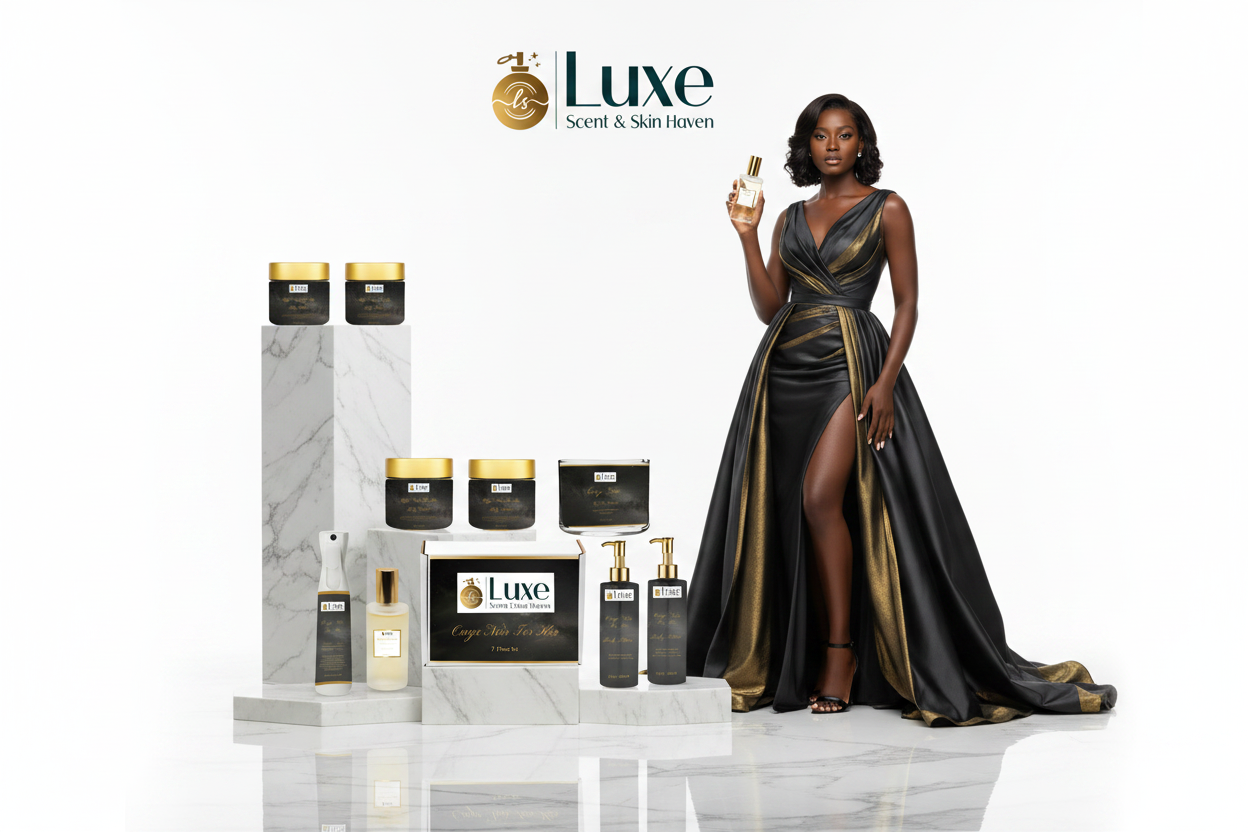 Onyx Noir For Her — 7-Piece on Luxury Marble Props, Black Female Model Charcoal Gold Gown Right