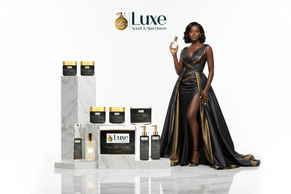 Onyx Noir For Her — 7-Piece on Luxury Marble Props, Black Female Model Charcoal Gold Gown Right